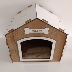 Süper Set  Ahşap Dekoratif Köpek Evi-Kulübesi  Minder ve Zincir Tasma (Modena-Beyaz)