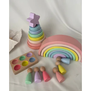 Tiny Wood 7'li Waldorf Gökkuşağı, Yıldız Kule, Peg Bebek Tabla Seti, Waldorf Eğitsel Ahşap Oyuncak Jumbo Set
