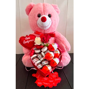 Sevgiliye Lüx Hediye 55CM Pembe Ayıcık ve Kalp Kutuda En Sevilen Lezzetler Romantik Hediye