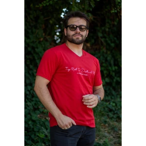 Azıcık Akıllı Erkek Kırmızı El Yazısı Imza Baskı Kısa Kollu V Yaka Erkek T-Shirt 23ETSHVYAZ