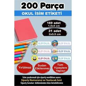 Kt Grup Okul Etiketi Kalem Defter Etiketi Özel Isim Yazılabilen Etiket Sünger Bob 200 Adet