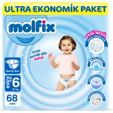 Molfix Bebek Bezi 6 Beden Extra Large Ultra Ekonomik Paket 68