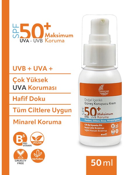 Doğal Içerikli Bebek Çocuk ve Yetişkin Güneş Kremi Leke Karşıtı Vegan Uva Uvb 50+ Spf 50 ml Tüm Ciltler İçin