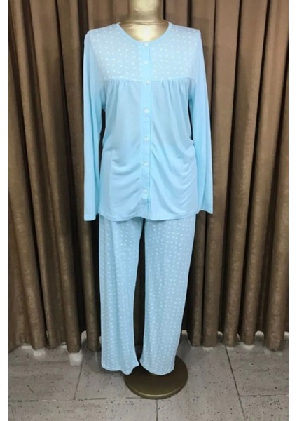 NENA-14080-BAYAN Önden Açık Uzunkol Pijama Takımı-Türkuaz fırsatları