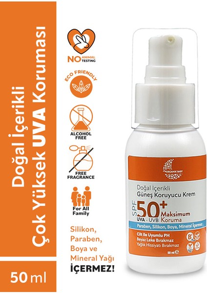 Doğal Içerikli Bebek Çocuk ve Yetişkin Güneş Kremi Leke Karşıtı Vegan Uva Uvb 50+ Spf 50 ml Tüm Ciltler İçin