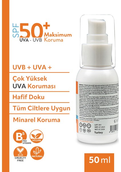 Doğal Içerikli Bebek Çocuk ve Yetişkin Güneş Kremi Leke Karşıtı Vegan Uva Uvb 50+ Spf 50 ml Tüm Ciltler İçin