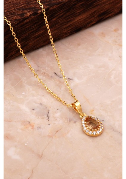 Renk Değiştiren Sultan Taşlı Altın Kaplama Gümüş Mini Damla Kolye 7948