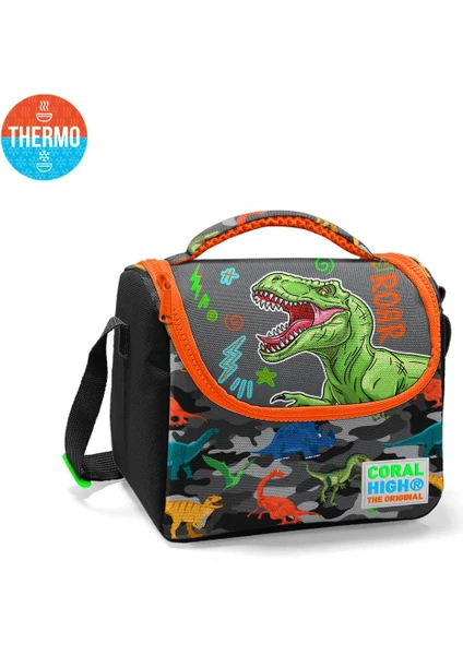 Coral High Kids Siyah Gri Dinozor Desenli Thermo Beslenme Çantası