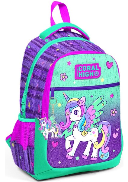 Coral High Kids Mor Su Yeşili Unicorn Desenli Üç Bölmeli Okul Sırt Çantası 23487