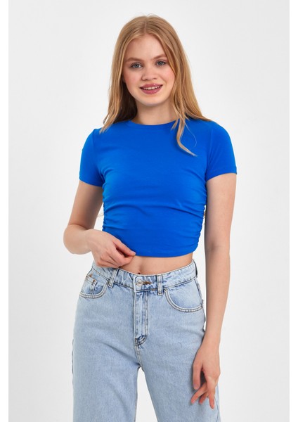 Yan Büzgülü Mavi Crop T-Shırt