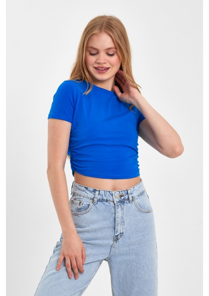 Yan Büzgülü Mavi Crop T-Shırt