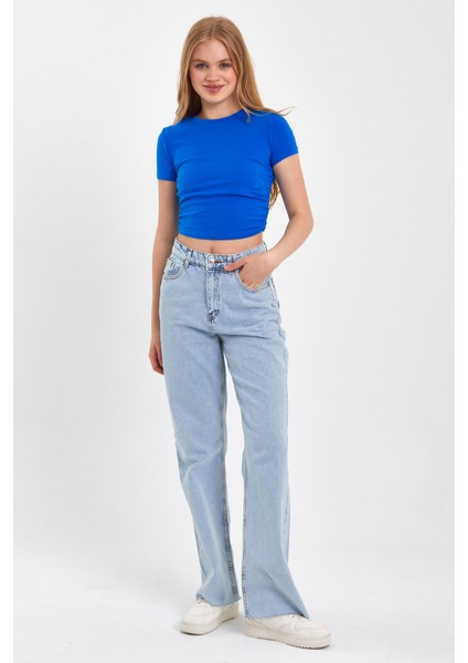Yan Büzgülü Mavi Crop T-Shırt