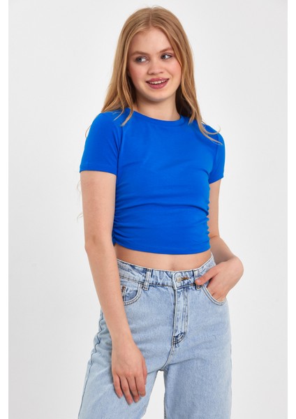 Yan Büzgülü Mavi Crop T-Shırt
