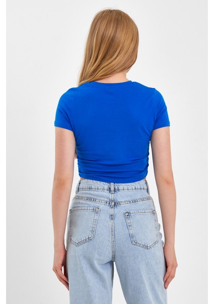 Yan Büzgülü Mavi Crop T-Shırt indirimleri