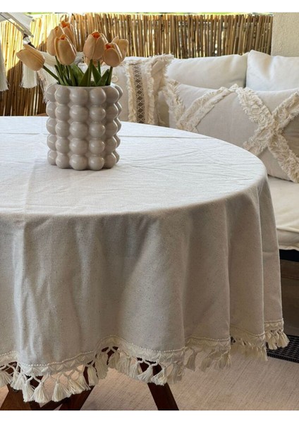 Yuvarlak Ham Keten Krem Ponponlu Masa Örtüsü