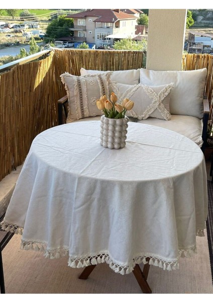 Yuvarlak Ham Keten Krem Ponponlu Masa Örtüsü fiyatları