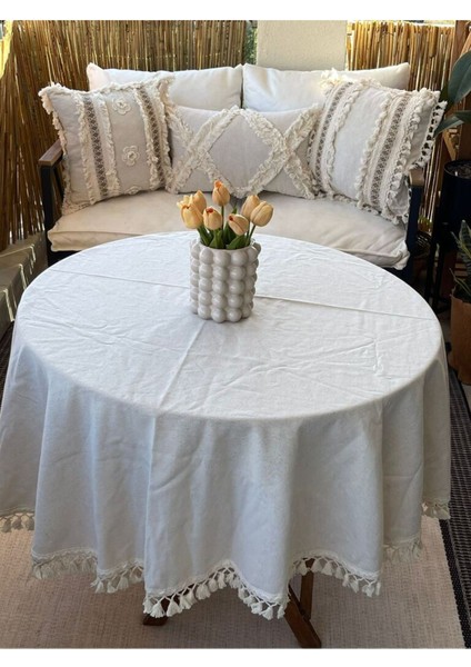 Yuvarlak Ham Keten Krem Ponponlu Masa Örtüsü modelleri