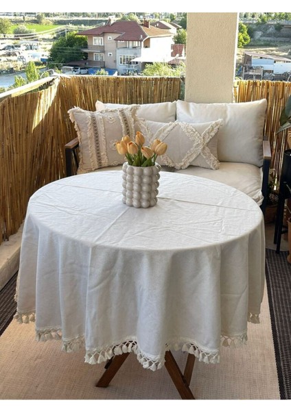 Yuvarlak Ham Keten Krem Ponponlu Masa Örtüsü fırsatları
