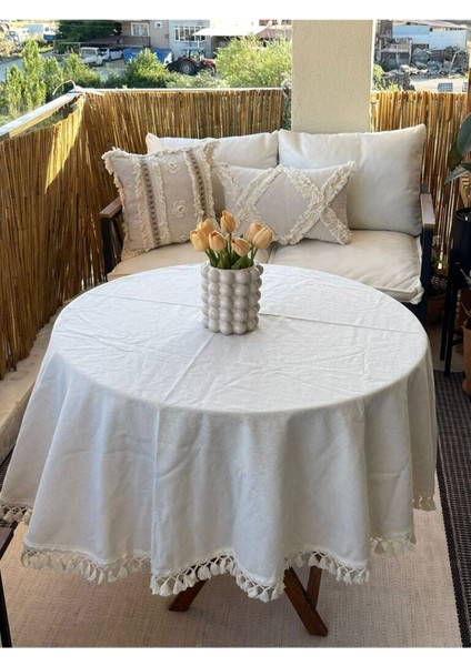 Yuvarlak Ham Keten Krem Ponponlu Masa Örtüsü indirimleri