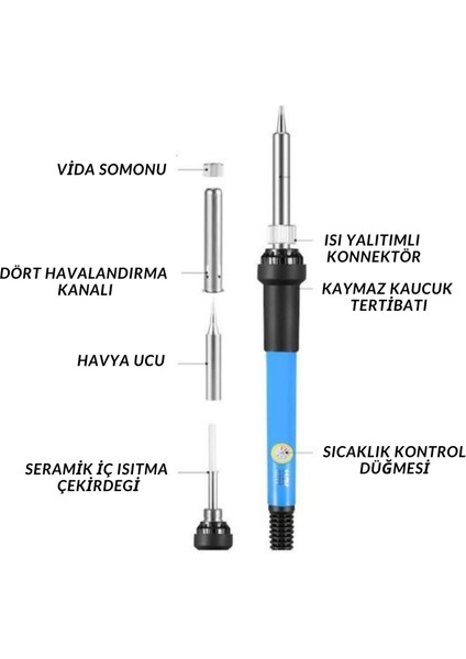 x 60W Sıcaklık Ayarlanabilir Kalem Havya Lehim Makinası 1 Adet Yedek Uç