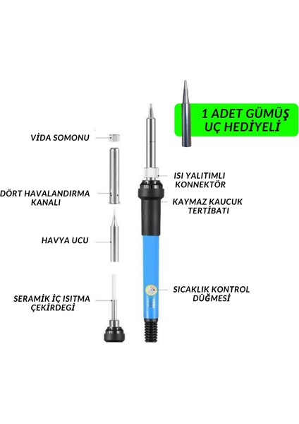 x 60W Sıcaklık Ayarlanabilir Kalem Havya Lehim Makinası 1 Adet Yedek Uç