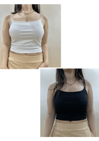 Kadın Pamuklu Crop Top Askılı Büstiyer 2 Adet Beyaz