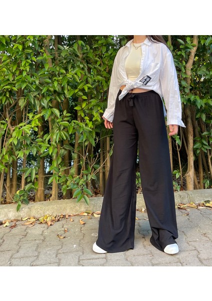 Kadın Beli Lastikli Bol Paça Oversize Bürümcük Kumaş Uzun Siyah Pantolon