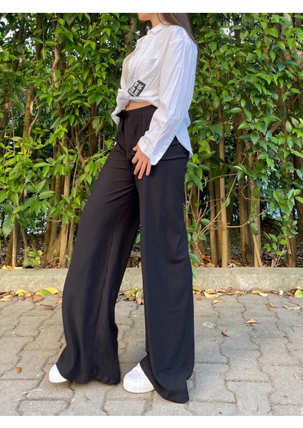 Kadın Beli Lastikli Bol Paça Oversize Bürümcük Kumaş Uzun Siyah Pantolon fiyatları