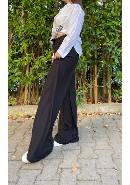 Kadın Beli Lastikli Bol Paça Oversize Bürümcük Kumaş Uzun Siyah Pantolon modelleri