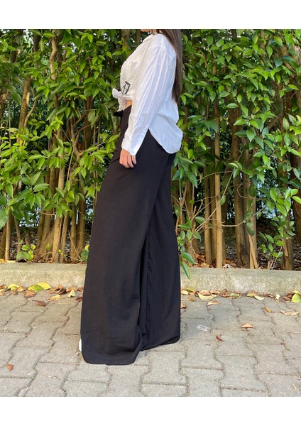 Kadın Beli Lastikli Bol Paça Oversize Bürümcük Kumaş Uzun Siyah Pantolon fırsatları