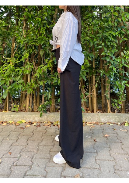 Kadın Beli Lastikli Bol Paça Oversize Bürümcük Kumaş Uzun Siyah Pantolon indirimleri