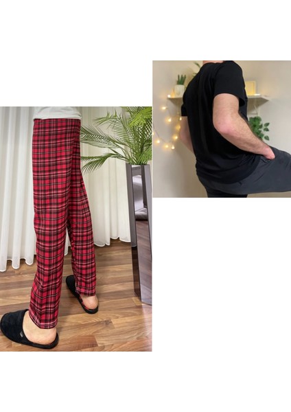 Kırmızı Yeşil Regular Fit Alt Ekose Kareli Pamuklu Örme Bisiklet Yaka Erkek Pijama Takımı