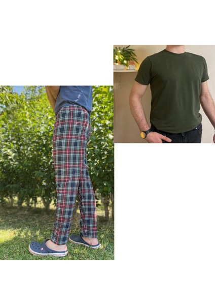 Kırmızı Yeşil Regular Fit Alt Ekose Kareli Pamuklu Örme Bisiklet Yaka Erkek Pijama Takımı