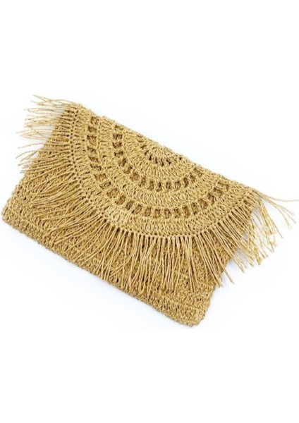 Osee Hasır Çanta Rafya Örgü Portföy Clutch Çanta Bej