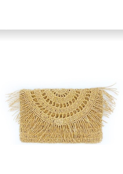 Osee Hasır Çanta Rafya Örgü Portföy Clutch Çanta Bej