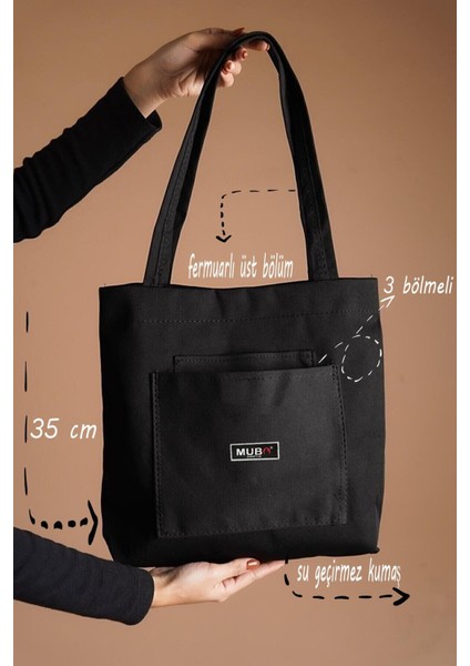 Mubo Kadın Siyah Su Geçirmez Kumaş Fermuarlı El, Kol ve Omuz Çantası 3 Bölmeli