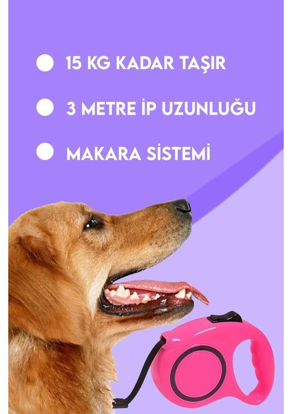 Makaralı Otomatik Köpek Tasması 3 Metre Pembe