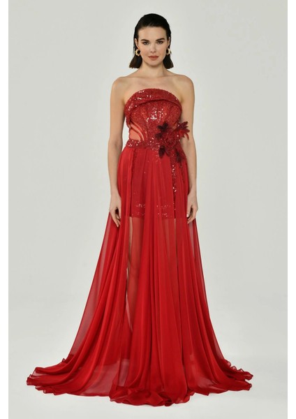 Payetli Straplez Kırmızı Kadın Abiye 2316224