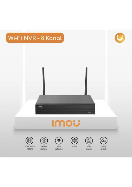 IMOU 8 Kanal WiFi NVR / Ethernet - 2x2 MIMO -  HDMI, VGA - 8 TB HDD Desteği -  Kablolu 40 Mbps , WiFi 16 Mbps - ONVIF - Bulut Hizmeti (NVR1108HS-W-S2)