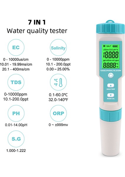 7 In 1 Ph / Tds / Ec / Orp / Sg / Tuzluluk / Sıcaklık Arka Işık ile (Yurt Dışından)