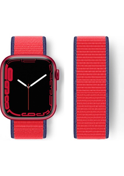 Apple Watch 45MM Hasırlı Cırtcırtlı Kordon - Lacivert-Kırmızı