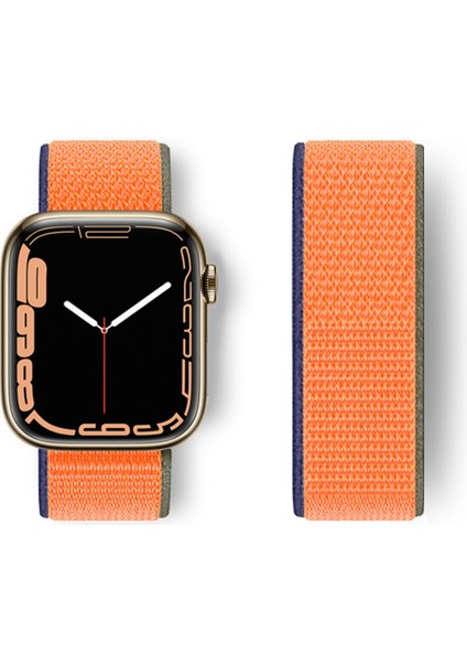 Apple Watch 45MM Hasırlı Cırtcırtlı Kordon - Lacivert-Turuncu