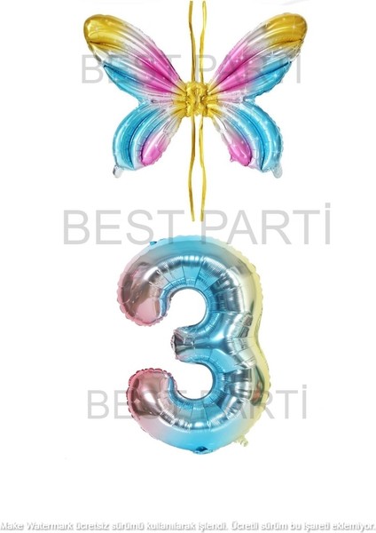 Gökkuşağı Renk Melek Kanadı Folyo Balon Ve Rakam Folyo Balon Seti Yaş 3