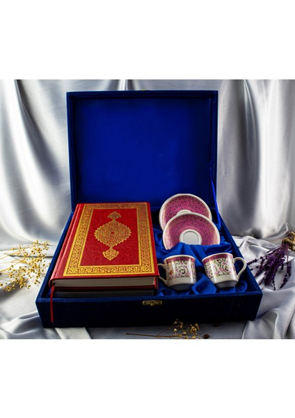 İkili Altın Yaldızlı Kur'an-ı Kerim'li Kadife Kutulu Porselen Fincan Takımı