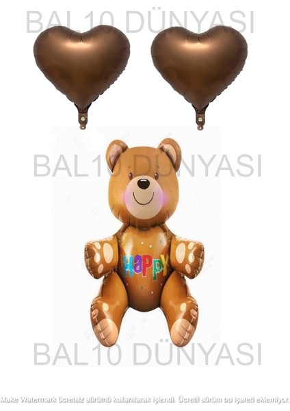 Happy Yazılı Oturan Ayı ve Kahverengi Kalp Folyo Balon Seti