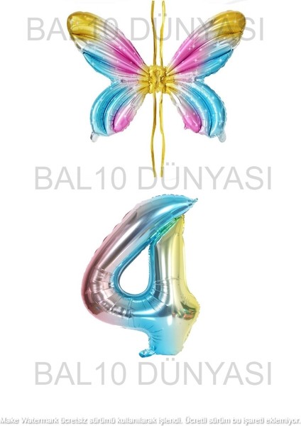 Gökkuşağı Renk Melek Kanadı Folyo Balon ve Rakam Folyo Balon Seti Yaş 4