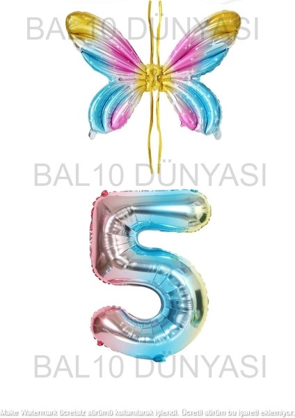 Gökkuşağı Renk Melek Kanadı Folyo Balon ve Rakam Folyo Balon Seti Yaş 5
