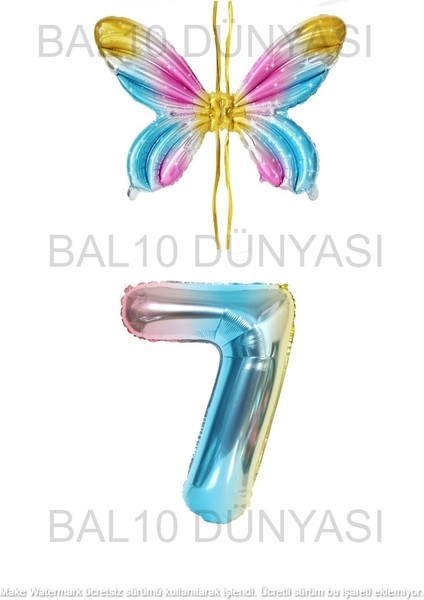 Gökkuşağı Renk Melek Kanadı Folyo Balon ve Rakam Folyo Balon Seti Yaş 7