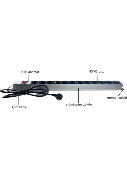 12'li 1,5 Metre Kablolu Anahtarlı Grup Priz Aluminyum Gövde 16A 250V 4000W fırsatları
