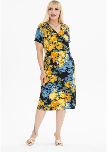 Kruvaze Yaka Siyah Büyük Beden Elbise 10B-2388